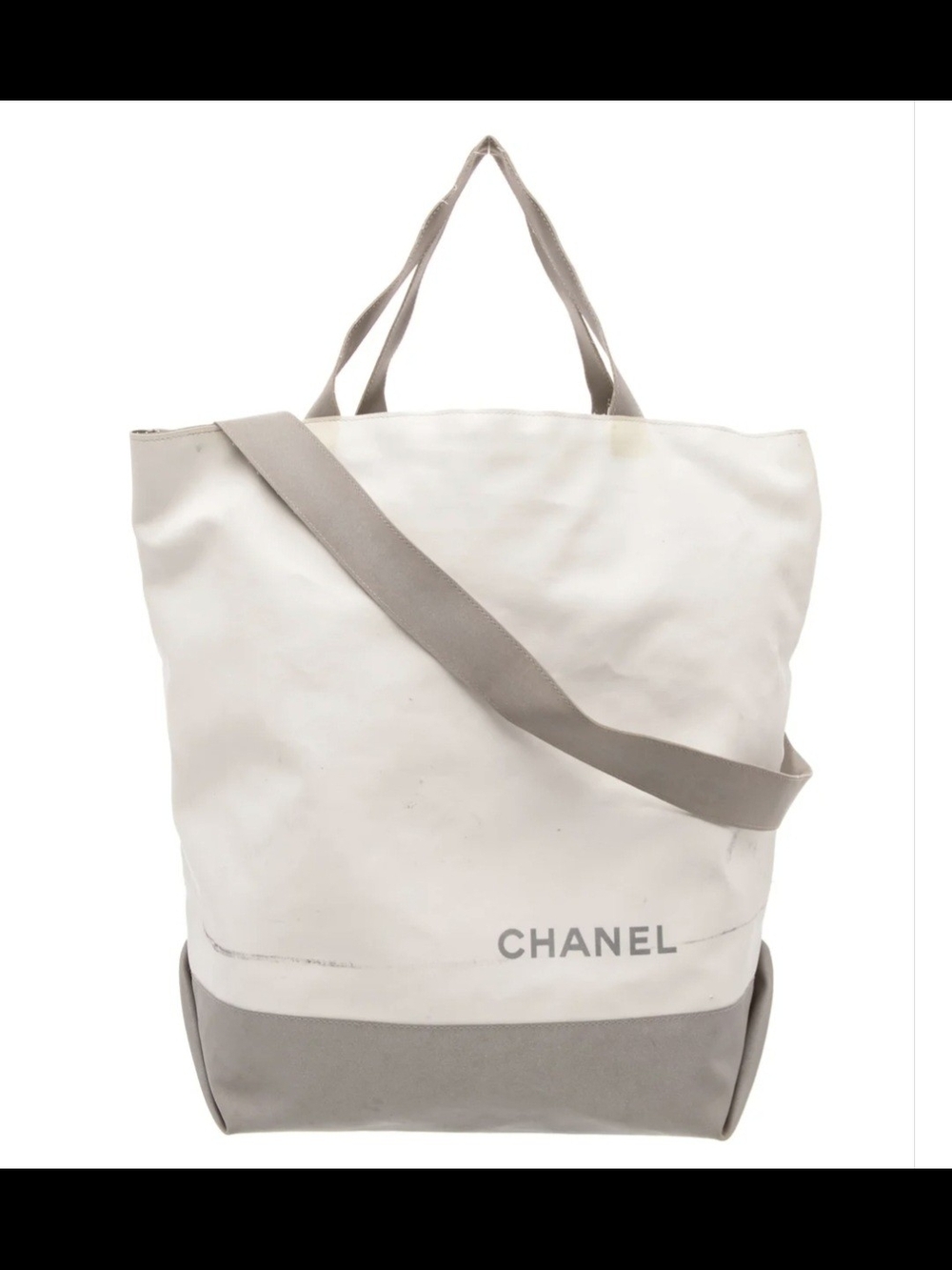 Authentic Chanel Nylon Tote Bag in White and Gray